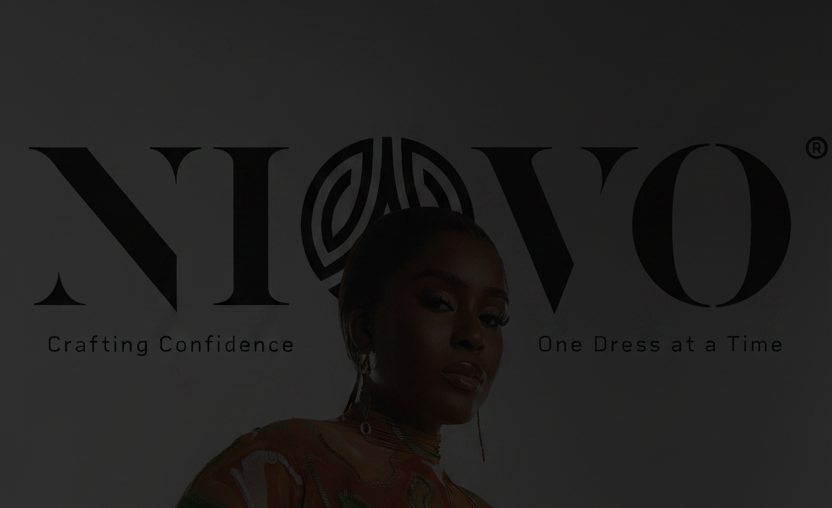 A model wearing a form-fitting long-sleeve dress with a vibrant orange, green, and beige marbled pattern, posed against a white background with the brand name 'NIOVO' printed at the top.